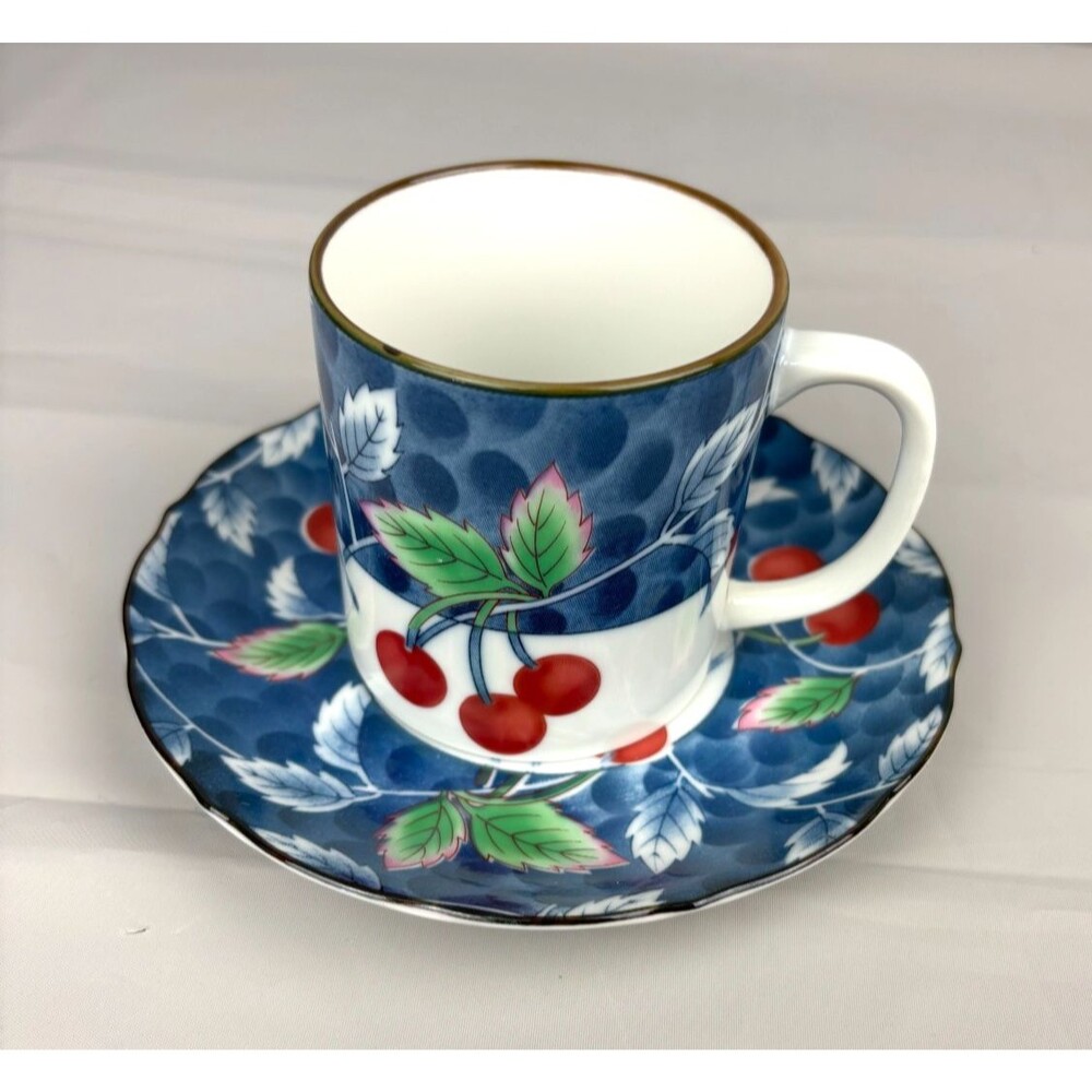 Williams Sonoma Cup & Saucer (set of 5) Red Cherries, White, Blue, WSO22